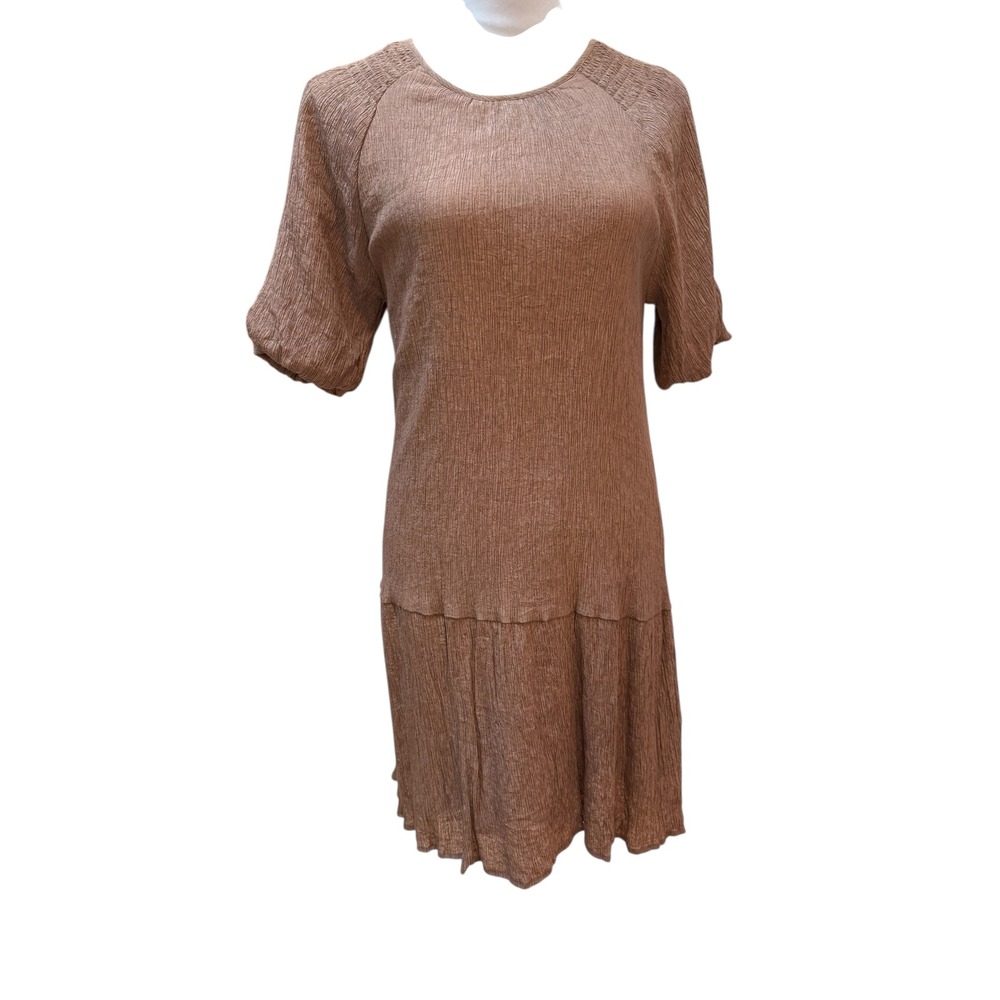 Entro Dress Women Medium Brown Ruffle Hem Puff Sleeve Boho Casual Cottagecore